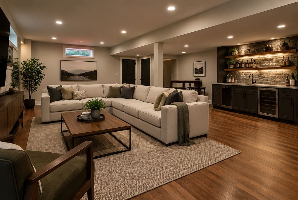 Finished basement living space with seating and warm lighting