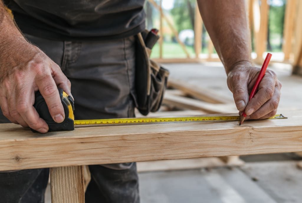 Craftsman measuring and finishing interior trim during a remodel