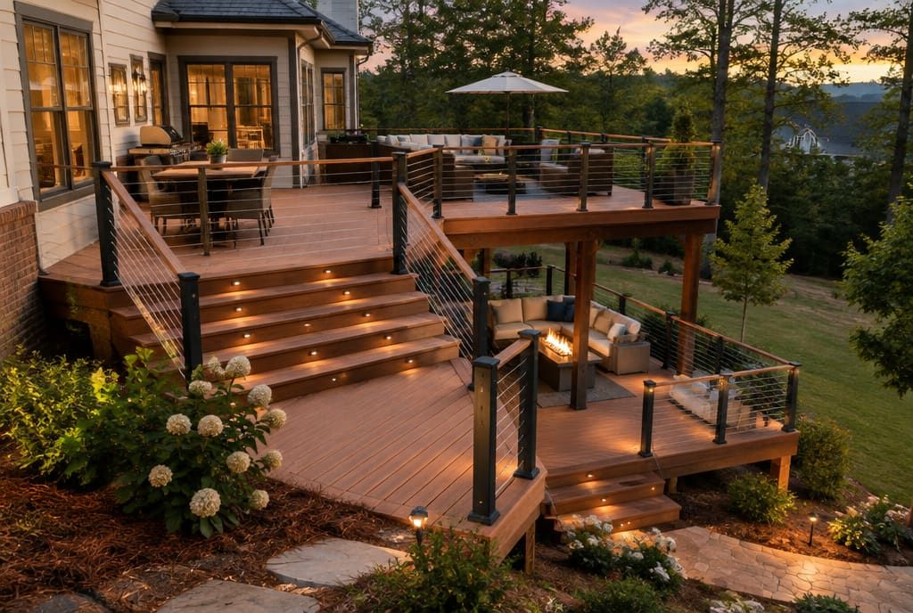 Wood deck with outdoor seating overlooking a residential backyard