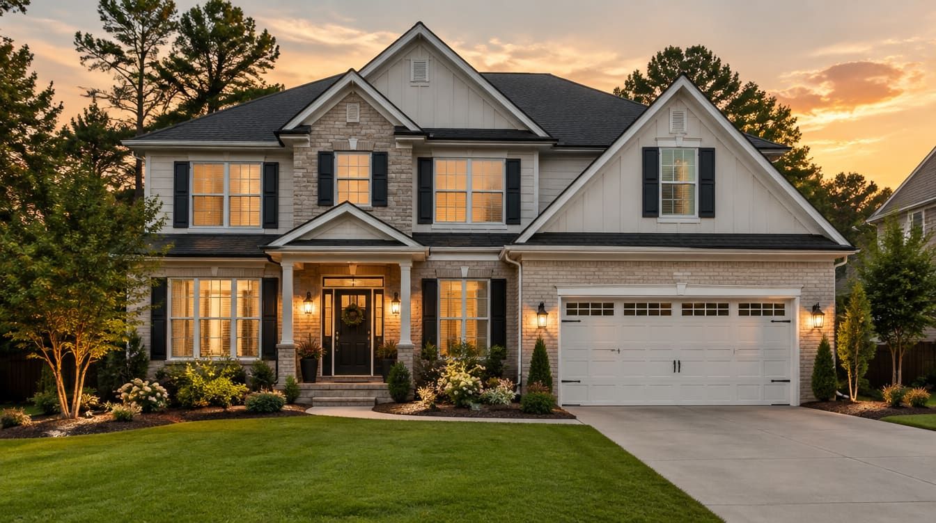 Renovated residential home exterior with new landscaping and warm outdoor lighting